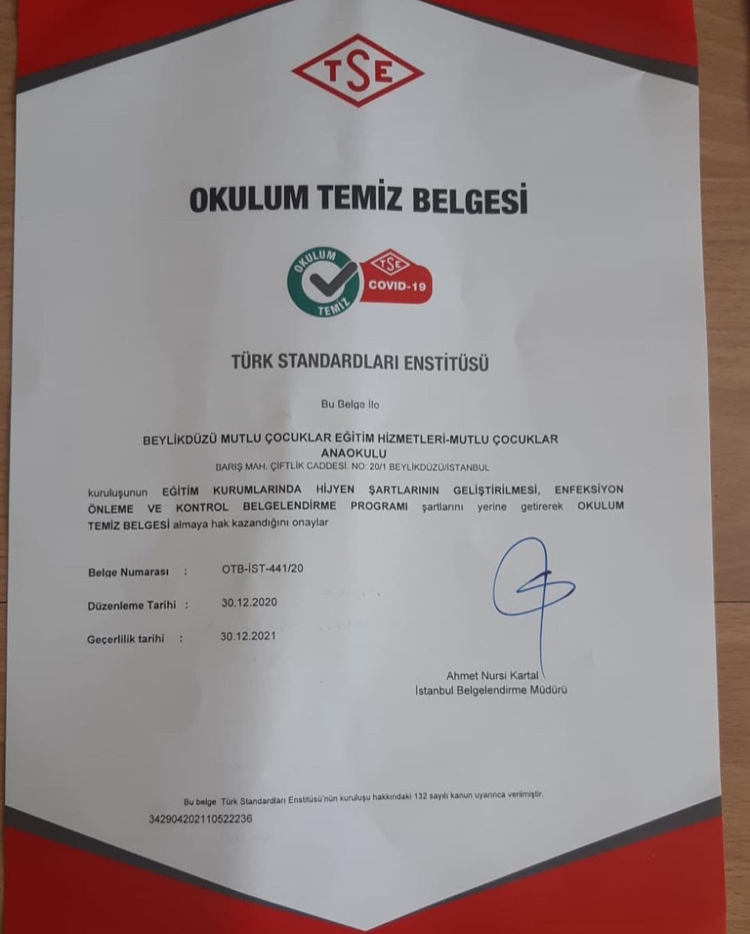TSE Okulum Temiz Belgesi